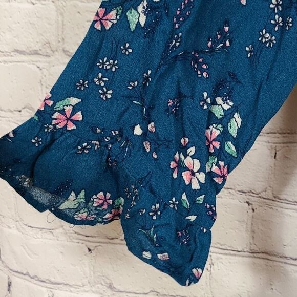 Gap Women's XS Teal Floral Ruffle Peasant Top Lightweight Frilly Blouse Shirt - Picture 3 of 8